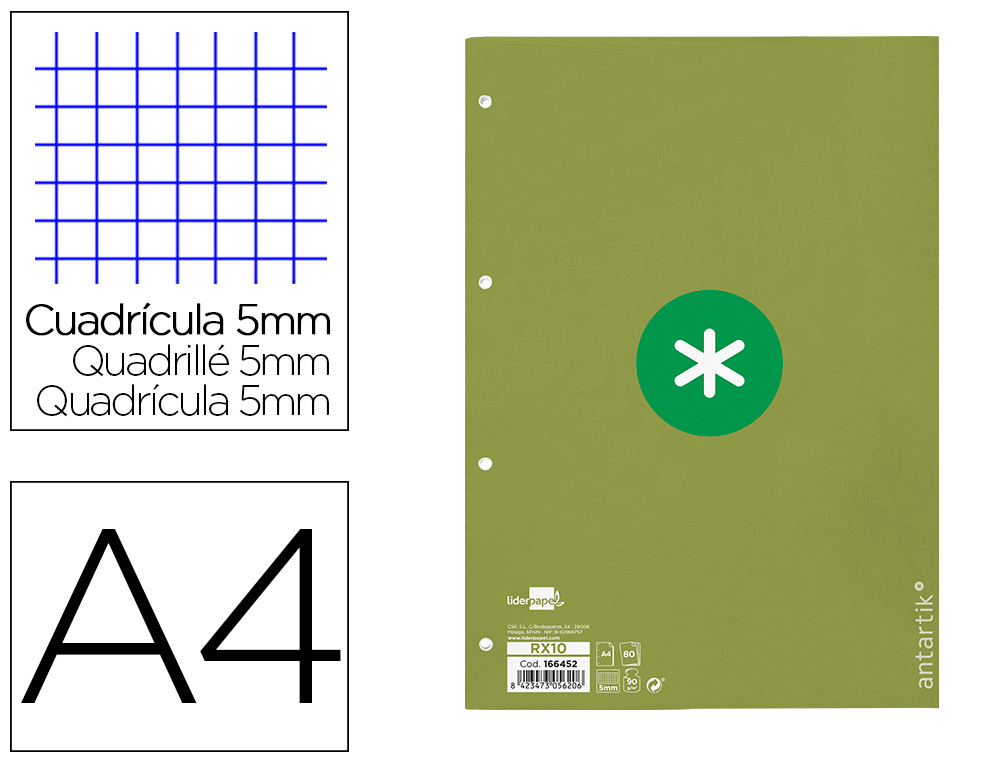 RECAMBIO ANTARTIK A4 80 HOJAS 90GR CUADRO 5MM 4 TALADROS 1 BANDA CON MARCO COLOR VERDE